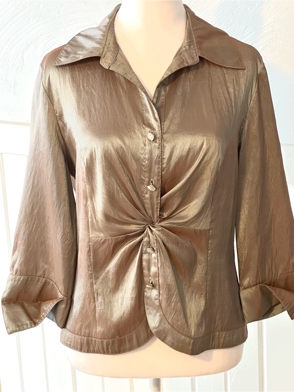 Jackie Jon New York Metallic Taupe Twist Front Button Blouse Size 10 Vintage